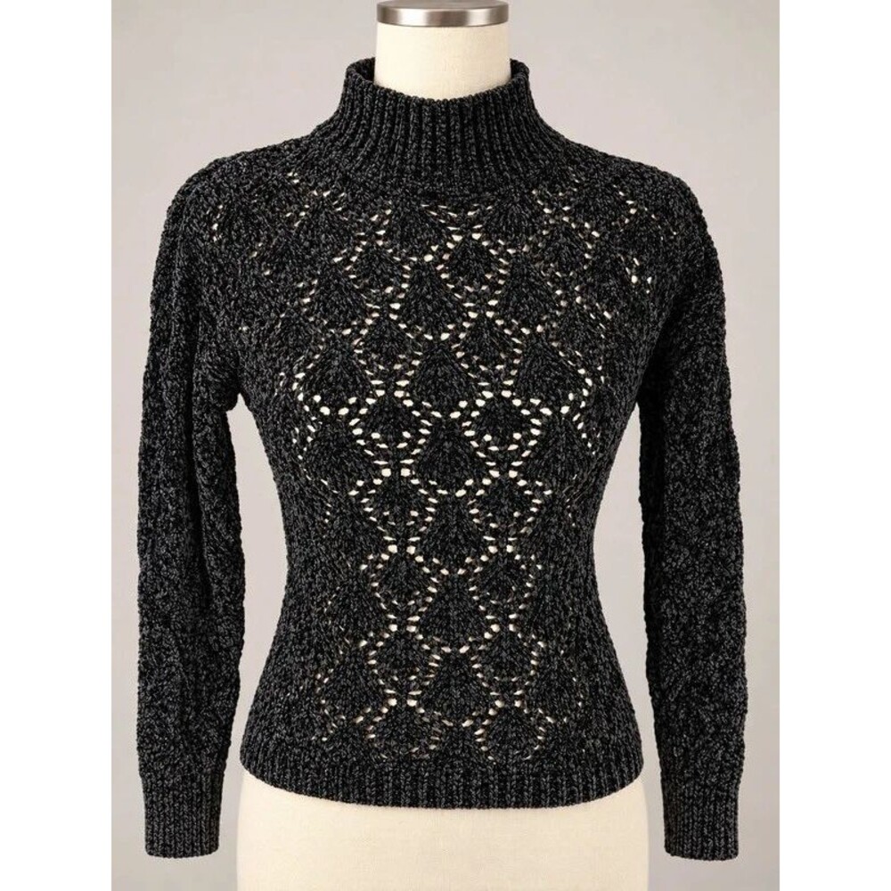 btween Sweater Cozy Classic Chenille Mock Neck Openwork Knit Black Girls 8 EUC